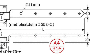 366348 - duimhengen voor pen ø16mm, afneembaar roestvrijstaal 316 45 x 800 x 5mm 16mm #+4G