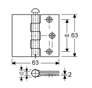 305204 -scharnieren met losse pen RVS-304 -63x63x2mm (2 1⁄2"x2 1⁄2") ø6mm