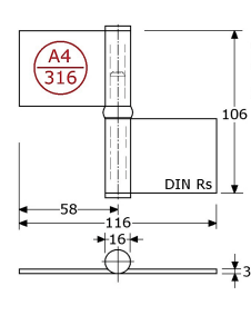 347242 - vlagfitsen zonder gaten met pen ø10mm, DIN RS roestvrijstaal 316 106x116x3 mm 10mm