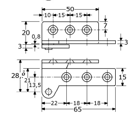 379212 - speunen, lengte 65mm, stand DIN Rechts roestvrijstaal 430 3mm met 2x3 (4,5mm/M5)