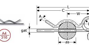 B258325- Roestvrijstaal tuimelpennen(kwaliteit :RVS-316)(Maat A x C/L :2 ,2x44/56mm)(Voor gat:2,5)(voor as:8-14) (w(mm)dikte:28mm)(D(mm)diam:19mm)(verpakt per:50)