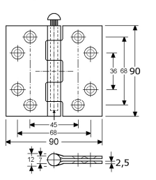 300216 -scharnieren met losse kartel-pen RVS-304 -90x90x2,5mm (3 1 ⁄2"x3 1⁄2") ø7mm