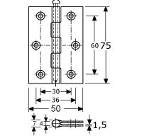 300232 -scharnieren met losse pen RVS-304 - 75x50x1,5mm (3"-smal) ø4mm