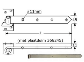 366234 - duimhengen voor pen ø16mm, afneembaar roestvrijstaal 304 45 x 400 x 5mm 16mm #+2G 10