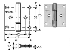 312215 -PIROSTA-scharnieren
roestvrijstaal 316/1.4401 76 x 76 x2,5 mm 7 mm