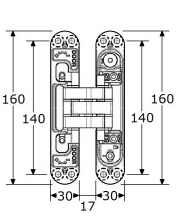 378477 onzichtbare scharnieren, hoogte 160mm roestvrijstaal 316 129x30mm (5mm/M5)