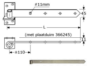 366235 - duimhengen voor pen ø16mm, afneembaar roestvrijstaal 316 45 x 400 x 5mm 16mm #+2G 10