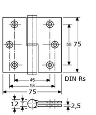 332209 - paumelles met pen RVS-304 07mm roestvrijstaal 304 75 x 75 x2,5 mm
