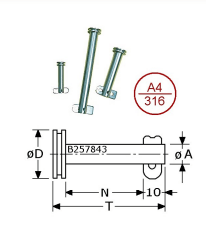 B257825-  Roestvrijstaal tuimelpennen (kwaliteit A4 :RVS-316)(Maat A x t:6x62mm)(N (mm)nuttig 50mm)((d (mm) 12,7mm)(KH (mm)kop:4)(verpakt per:10)