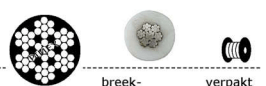 162257 -  Roestvrijstaal Staaldraadkabel (kwaliteitA4:RVS-316) (dikte :3mm) (uitwendige maat:5mm)  (konstruktie :7x7mm) (breek-belasting:460kg) (verpakt per:rol=250)