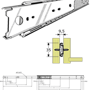 Roestvrijstaal,Ladegeleiders-904249 -(Type:SSR-1)-(Length:711mm)-(Uittrek:508mm)-(Breedte:9,5mm)-(Draagvermogen:25Kg/Pr)-(Per:10Pr)