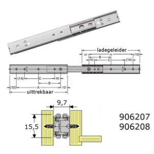 Roestvrijstaal,Ladegeleiders-906208 -(Type:SCR-1)-(Length:150mm)-(Uittrek:177mm)-(Breedte:9,7mm)-(Draagvermogen:12Kg/Pr)-(Per:10Pr)