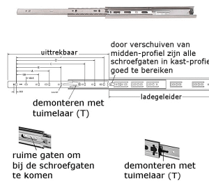 Roestvrijstaal,Ladegeleiders-906409 -(Type:3813)-(Length:200mm)-(Uittrek:200mm)-(Breedte:12,5mm)-(Draagvermogen:40Kg/Pr)-(Per:10Pr)