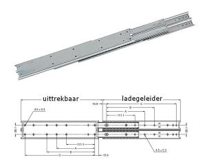 Roestvrijstaal,Ladegeleiders-909209 -(Type:ESR-10)-(Length:711mm)-(Uittrek:725mm)-(Breedte:23,2mm)-(Draagvermogen:180Kg/Pr)-(Per:2Pr)