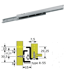 Roestvrijstaal,Ladegeleiders-915054 -(Type:R-55@)-(Length:450mm)-(Uittrek:344mm)-(Breedte:15mm)-(Draagvermogen:100Kg/Pr  1.4509)-(Per:5Pr)