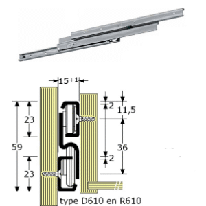 Roestvrijstaal,Ladegeleiders-926124 -(Type:R610@)-(Length:450mm)-(Uittrek:495mm)-(Breedte:15mm)-(Draagvermogen:50Kg/Pr  8×RVS)-(Per:1Pr)