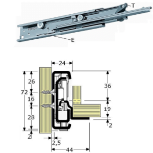 Roestvrijstaal,Ladegeleiders-927775 -(Type:R-701@)-(Length:500mm)-(Uittrek:485mm)-(Breedte:24mm)-(Draagvermogen:120Kg/Pr)-(Per:4Pr)