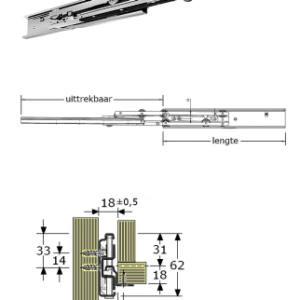 Staal verzinkt,Ladegeleiders-927007-(Type:V-91)-(Length:600mm)-(Uittrek:585mm)-(Breedte:18mm)-(Draagvermogen:60Kg/Pr)-(Per:1Pr)