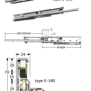 Staal verzinkt,Ladegeleiders-927905-(Type:E-180)-(Length:500mm)-(Uittrek:485mm)-(Breedte:24mm)-(Draagvermogen:200Kg/Pr)-(Per:2Pr)
