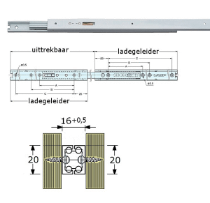 Aluminium,Ladegeleiders-916553-(Type:AR3-K)-(Length:400cm)-(Uittrek:414cm)-(Breedte:16mm)-(Draagvermogen:9Kg/Pr)-(Per:15Pr)